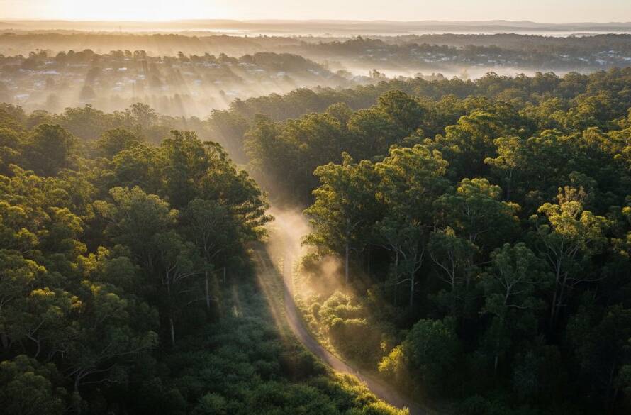 An epic moment aerial photograph capturing the expansive view of Ferntree Gully from a drone, showcasing the vibrant green canopy of the Dandenong Ranges at sunrise, with a golden light illuminating a winding path and distant suburban homes. This stunning Ferntree Gully drone photography for stunning views highlights the natural beauty and community spirit of the area.