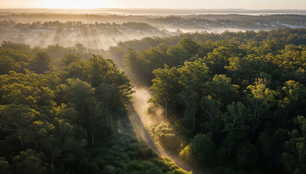 An epic moment aerial photograph capturing the expansive view of Ferntree Gully from a drone, showcasing the vibrant green canopy of the Dandenong Ranges at sunrise, with a golden light illuminating a winding path and distant suburban homes. This stunning Ferntree Gully drone photography for stunning views highlights the natural beauty and community spirit of the area.