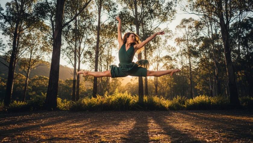 A female contemporary dancer in mid-air, performing an acrobatic leap against the dramatic, dappled light of an autumn evening in Ferntree Gully, showcasing dynamic dance photography with immense power and grace.