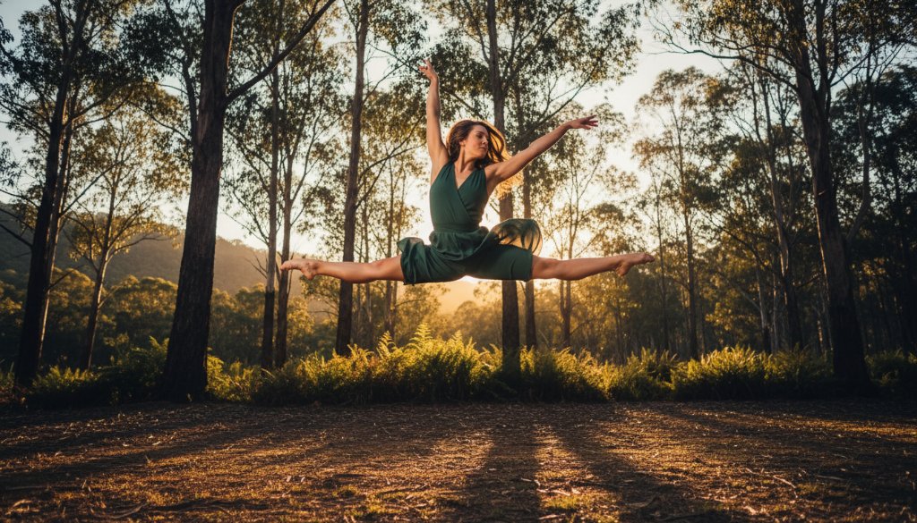 A female contemporary dancer in mid-air, performing an acrobatic leap against the dramatic, dappled light of an autumn evening in Ferntree Gully, showcasing dynamic dance photography with immense power and grace.