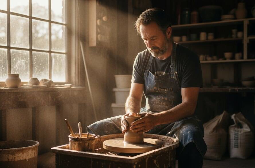 A stunning, cinematic editorial photograph of a local artisan in Ferntree Gully, Victoria, deeply engrossed in their craft, bathed in dramatic golden hour light filtering through a workshop window. This authentic Ferntree Gully editorial photography for local stories captures a moment of intense focus and passion, with rich colours and a shallow depth of field, showcasing the artisan's hands and tools. The scene evokes the unique spirit of the Ferntree Gully community.
