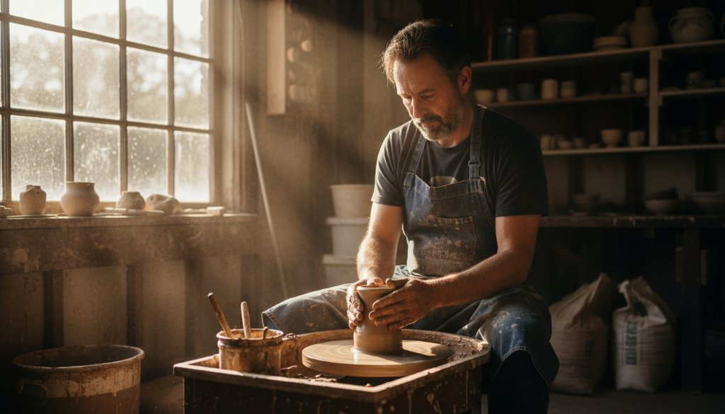A stunning, cinematic editorial photograph of a local artisan in Ferntree Gully, Victoria, deeply engrossed in their craft, bathed in dramatic golden hour light filtering through a workshop window. This authentic Ferntree Gully editorial photography for local stories captures a moment of intense focus and passion, with rich colours and a shallow depth of field, showcasing the artisan's hands and tools. The scene evokes the unique spirit of the Ferntree Gully community.