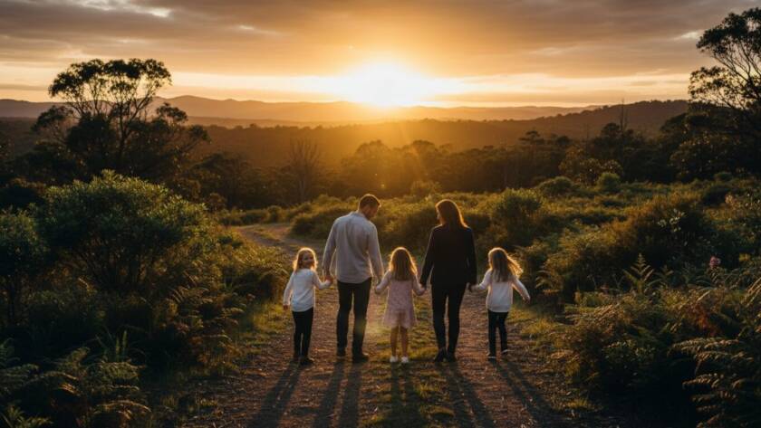 An epic moment of a family laughing genuinely together at sunset, silhouetted against the Dandenong Ranges in Ferntree Gully, showcasing professional Ferntree Gully family photography capturing genuine moments by Image by SD.
