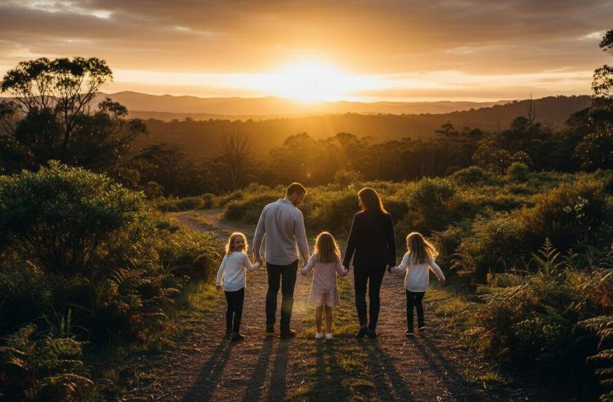 An epic moment of a family laughing genuinely together at sunset, silhouetted against the Dandenong Ranges in Ferntree Gully, showcasing professional Ferntree Gully family photography capturing genuine moments by Image by SD.