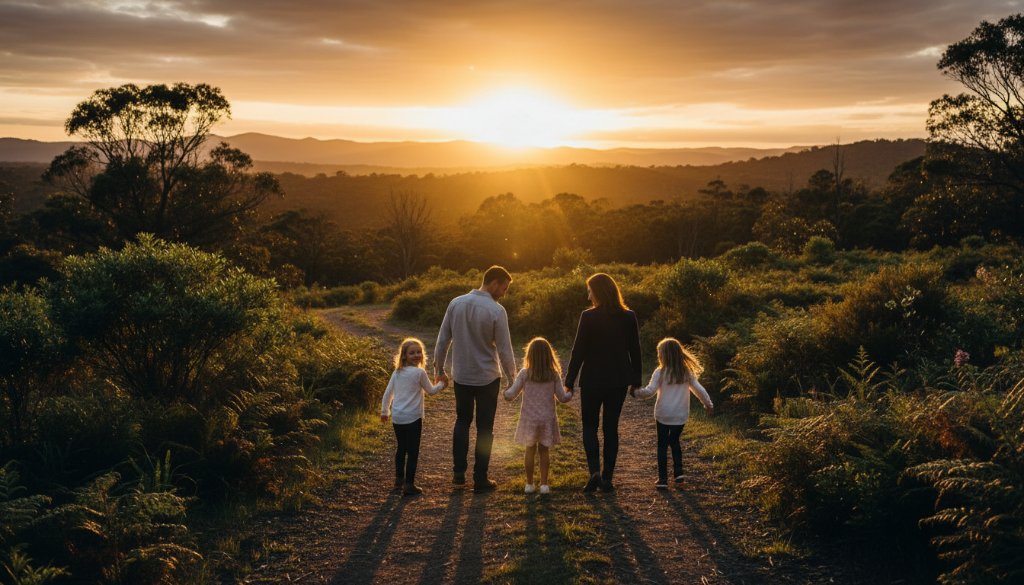 An epic moment of a family laughing genuinely together at sunset, silhouetted against the Dandenong Ranges in Ferntree Gully, showcasing professional Ferntree Gully family photography capturing genuine moments by Image by SD.