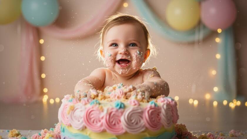 A joyful baby, covered in colourful frosting, laughing amidst a whimsical setup at a ferntree gully first birthday cake smash photography session, captured with dramatic, warm lighting.