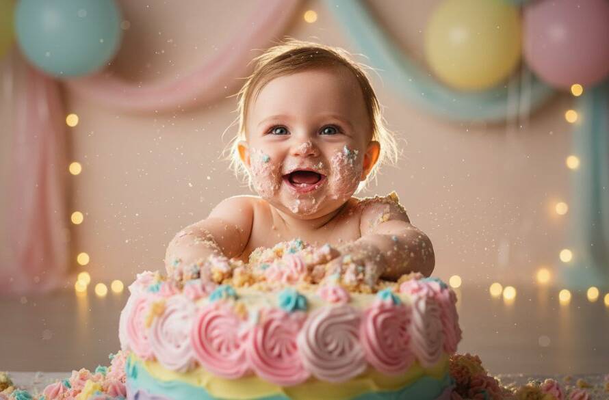 A joyful baby, covered in colourful frosting, laughing amidst a whimsical setup at a ferntree gully first birthday cake smash photography session, captured with dramatic, warm lighting.