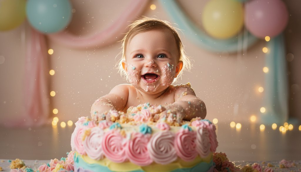 A joyful baby, covered in colourful frosting, laughing amidst a whimsical setup at a ferntree gully first birthday cake smash photography session, captured with dramatic, warm lighting.