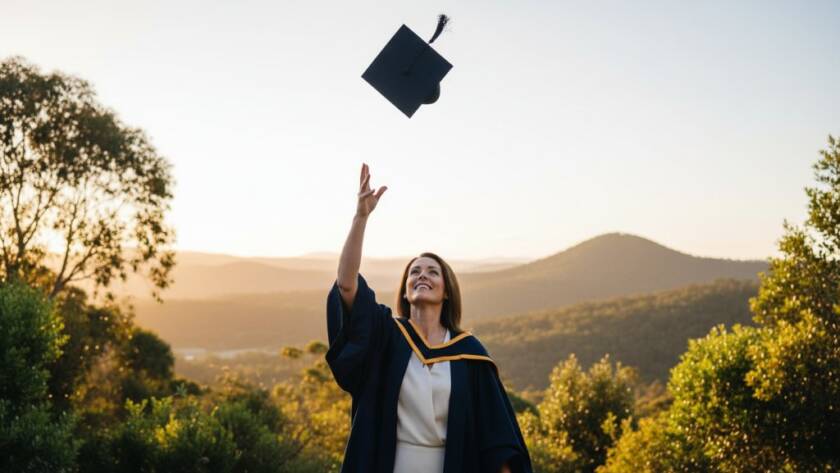 A jubilant graduate in a cap and gown tossing their cap high against the backdrop of Ferntree Gully's Dandenong Ranges at sunset, capturing Ferntree Gully graduation photography unforgettable memories with dramatic lighting.