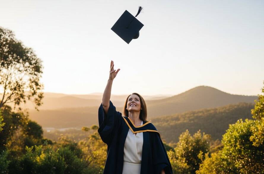 A jubilant graduate in a cap and gown tossing their cap high against the backdrop of Ferntree Gully's Dandenong Ranges at sunset, capturing Ferntree Gully graduation photography unforgettable memories with dramatic lighting.