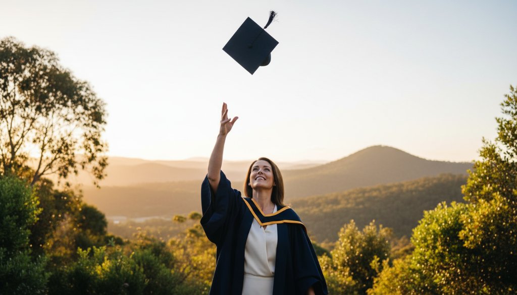 A jubilant graduate in a cap and gown tossing their cap high against the backdrop of Ferntree Gully's Dandenong Ranges at sunset, capturing Ferntree Gully graduation photography unforgettable memories with dramatic lighting.
