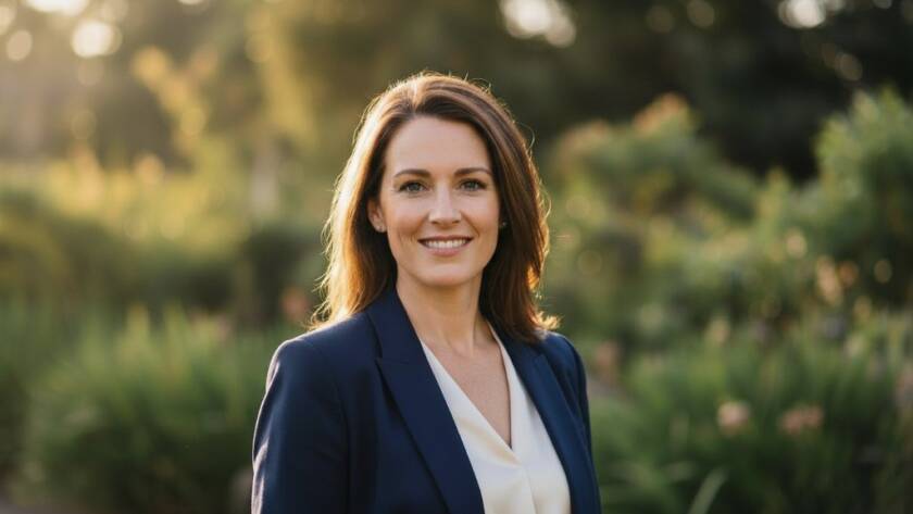 A confident professional, mid-30s, captured in stunning Ferntree Gully Headshots for Career. They gaze directly with an authentic smile, illuminated by soft golden hour light filtering through the Dandenong Ranges foothills, creating an inspiring, cinematic portrait for career advancement.