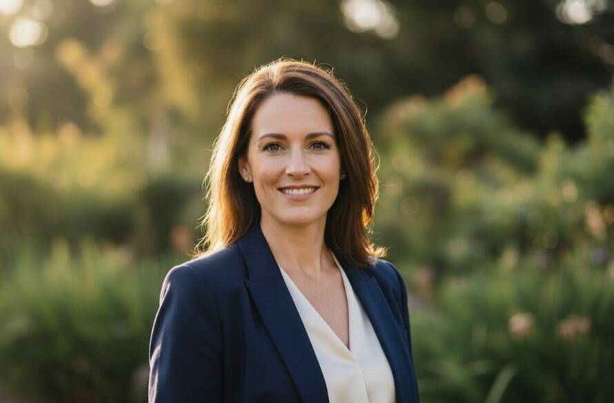 A confident professional, mid-30s, captured in stunning Ferntree Gully Headshots for Career. They gaze directly with an authentic smile, illuminated by soft golden hour light filtering through the Dandenong Ranges foothills, creating an inspiring, cinematic portrait for career advancement.