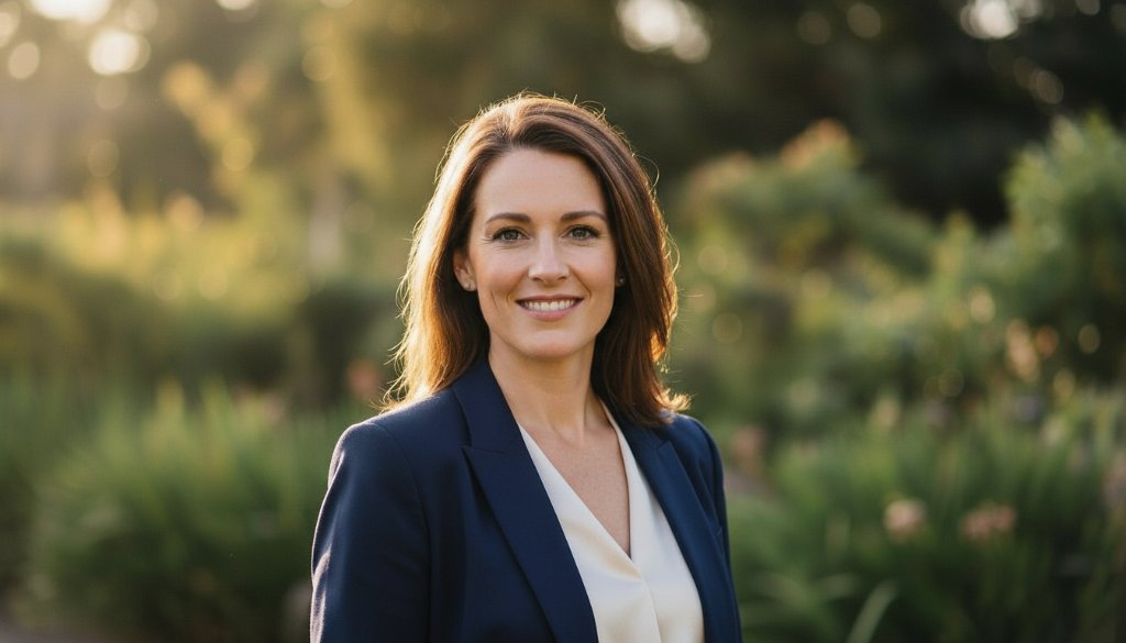 A confident professional, mid-30s, captured in stunning Ferntree Gully Headshots for Career. They gaze directly with an authentic smile, illuminated by soft golden hour light filtering through the Dandenong Ranges foothills, creating an inspiring, cinematic portrait for career advancement.