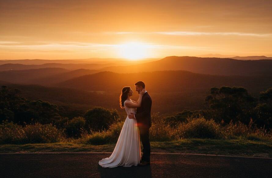 A stunning Ferntree Gully intimate wedding photography packages hero shot: A newly married couple in a tender embrace, silhouetted against a dramatic sunset over the Dandenong Ranges, their faces filled with joy and soft light. Professional colour grading.