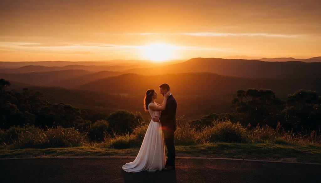 A stunning Ferntree Gully intimate wedding photography packages hero shot: A newly married couple in a tender embrace, silhouetted against a dramatic sunset over the Dandenong Ranges, their faces filled with joy and soft light. Professional colour grading.