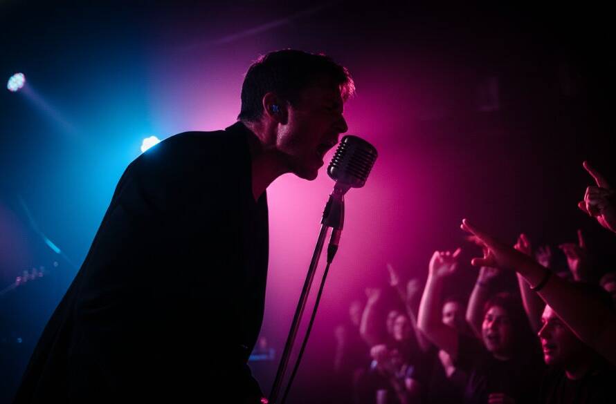 A dynamic shot of a guitarist mid-performance, bathed in vibrant stage lights, capturing the authentic raw energy of a Ferntree Gully live concert, ideal for Ferntree Gully live music photography capturing raw energy.