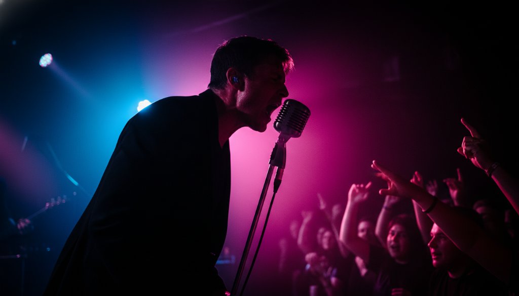 A dynamic shot of a guitarist mid-performance, bathed in vibrant stage lights, capturing the authentic raw energy of a Ferntree Gully live concert, ideal for Ferntree Gully live music photography capturing raw energy.