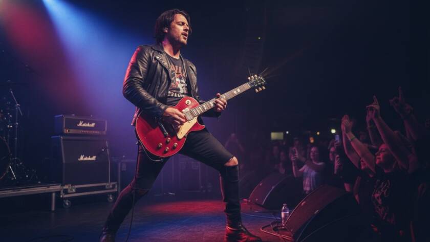 Dynamic wide-angle shot of a lead guitarist mid-shred under dramatic stage lights, perfectly illustrating Ferntree Gully Live Music Photography capturing vibrant energy at a local venue, showcasing an epic, high-energy concert moment with a clear focus on the performer's passion.