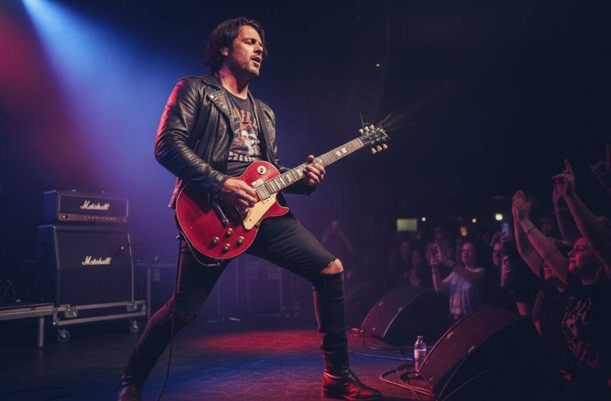 Dynamic wide-angle shot of a lead guitarist mid-shred under dramatic stage lights, perfectly illustrating Ferntree Gully Live Music Photography capturing vibrant energy at a local venue, showcasing an epic, high-energy concert moment with a clear focus on the performer's passion.