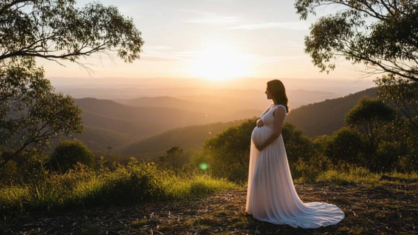 An expectant mother in a flowing gown stands silhouetted against a dramatic sunset over the Dandenong Ranges, capturing an epic moment of Ferntree Gully maternity photography with Dandenong Ranges views, embodying peace and natural beauty.