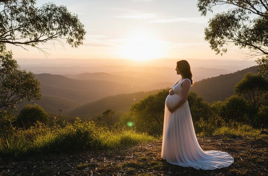 An expectant mother in a flowing gown stands silhouetted against a dramatic sunset over the Dandenong Ranges, capturing an epic moment of Ferntree Gully maternity photography with Dandenong Ranges views, embodying peace and natural beauty.