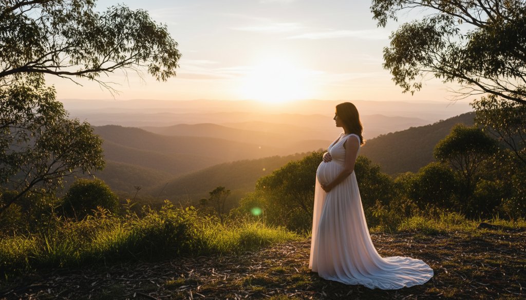 An expectant mother in a flowing gown stands silhouetted against a dramatic sunset over the Dandenong Ranges, capturing an epic moment of Ferntree Gully maternity photography with Dandenong Ranges views, embodying peace and natural beauty.