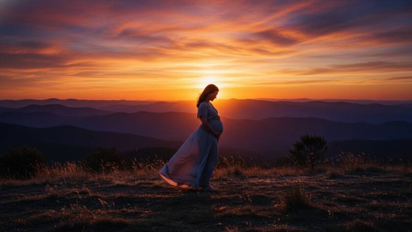 A glowing mother-to-be embracing her bump during a dramatic Ferntree Gully maternity photoshoot sunset, silhouetted against a vibrant orange and purple sky at the base of the Dandenongs, capturing an epic, professional moment.