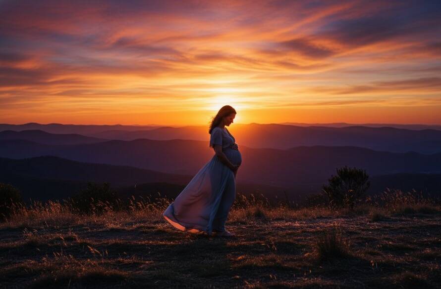 A glowing mother-to-be embracing her bump during a dramatic Ferntree Gully maternity photoshoot sunset, silhouetted against a vibrant orange and purple sky at the base of the Dandenongs, capturing an epic, professional moment.
