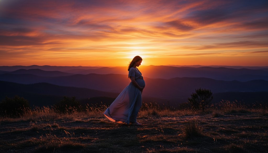 A glowing mother-to-be embracing her bump during a dramatic Ferntree Gully maternity photoshoot sunset, silhouetted against a vibrant orange and purple sky at the base of the Dandenongs, capturing an epic, professional moment.