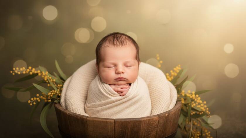 A breathtaking 'epic moment' style photograph showcasing a tiny baby peacefully sleeping amidst soft, natural light, cradled in a whimsical, handcrafted prop adorned with delicate native Australian flowers, evoking the serene and vibrant spirit of Ferntree Gully natural baby photography vibrant portraits, captured with artistic depth and professional colour grading.