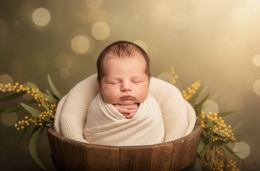 A breathtaking 'epic moment' style photograph showcasing a tiny baby peacefully sleeping amidst soft, natural light, cradled in a whimsical, handcrafted prop adorned with delicate native Australian flowers, evoking the serene and vibrant spirit of Ferntree Gully natural baby photography vibrant portraits, captured with artistic depth and professional colour grading.