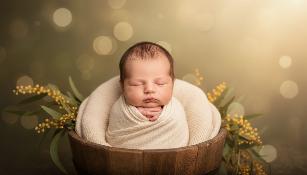 A breathtaking 'epic moment' style photograph showcasing a tiny baby peacefully sleeping amidst soft, natural light, cradled in a whimsical, handcrafted prop adorned with delicate native Australian flowers, evoking the serene and vibrant spirit of Ferntree Gully natural baby photography vibrant portraits, captured with artistic depth and professional colour grading.