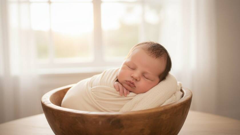 An emotive, professional portrait showcasing Ferntree Gully newborn photography capturing tiny miracles: a sleeping baby swaddled in soft white fabric, nestled gently in a rustic wooden bowl, with warm, ethereal light filtering through a window, illuminating delicate features against a soft, blurred natural backdrop, evoking serenity and new beginnings.