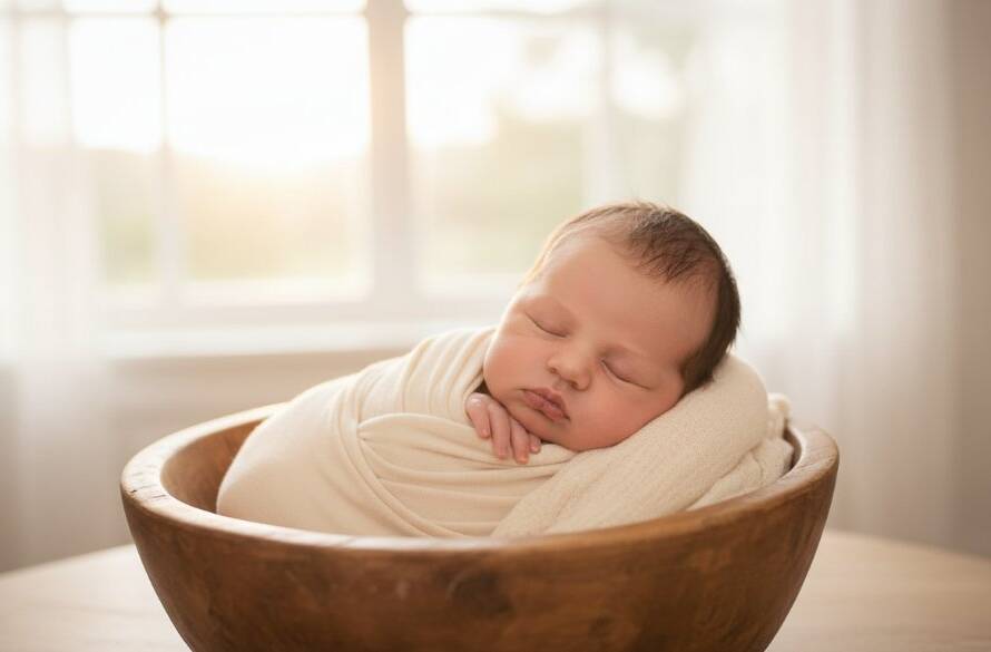 An emotive, professional portrait showcasing Ferntree Gully newborn photography capturing tiny miracles: a sleeping baby swaddled in soft white fabric, nestled gently in a rustic wooden bowl, with warm, ethereal light filtering through a window, illuminating delicate features against a soft, blurred natural backdrop, evoking serenity and new beginnings.