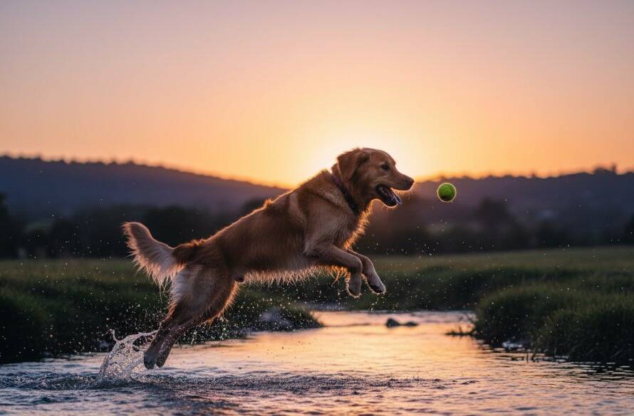 A vibrant, professionally color-graded photograph capturing an 'epic moment' of a golden retriever joyfully leaping through a sun-dappled stream in the Dandenong Ranges, near Ferntree Gully, during a ferntree gully pet photography adventure sessions, with a beautiful bokeh background.