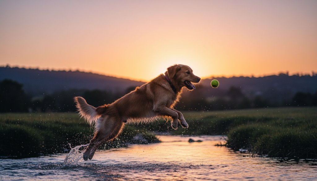 A vibrant, professionally color-graded photograph capturing an 'epic moment' of a golden retriever joyfully leaping through a sun-dappled stream in the Dandenong Ranges, near Ferntree Gully, during a ferntree gully pet photography adventure sessions, with a beautiful bokeh background.