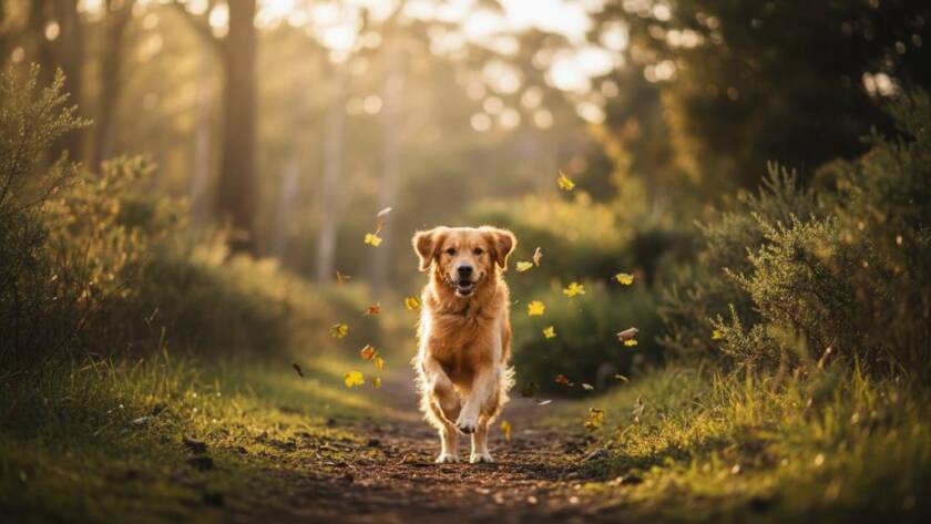 An adorable golden retriever running joyfully through a sun-drenched, dappled forest path in Ferntree Gully, captured in an epic, professionally colour-graded pet photography lasting memories shot with dramatic backlighting.