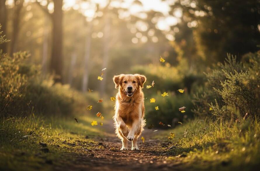 An adorable golden retriever running joyfully through a sun-drenched, dappled forest path in Ferntree Gully, captured in an epic, professionally colour-graded pet photography lasting memories shot with dramatic backlighting.
