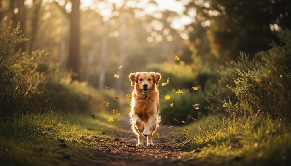 An adorable golden retriever running joyfully through a sun-drenched, dappled forest path in Ferntree Gully, captured in an epic, professionally colour-graded pet photography lasting memories shot with dramatic backlighting.