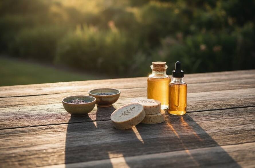 An epic moment of a beautifully styled collection of artisan products, dramatically lit against a backdrop hinting at Ferntree Gully's lush environment, showcasing expert Ferntree Gully product photography for small businesses with sharp detail and vibrant colours.