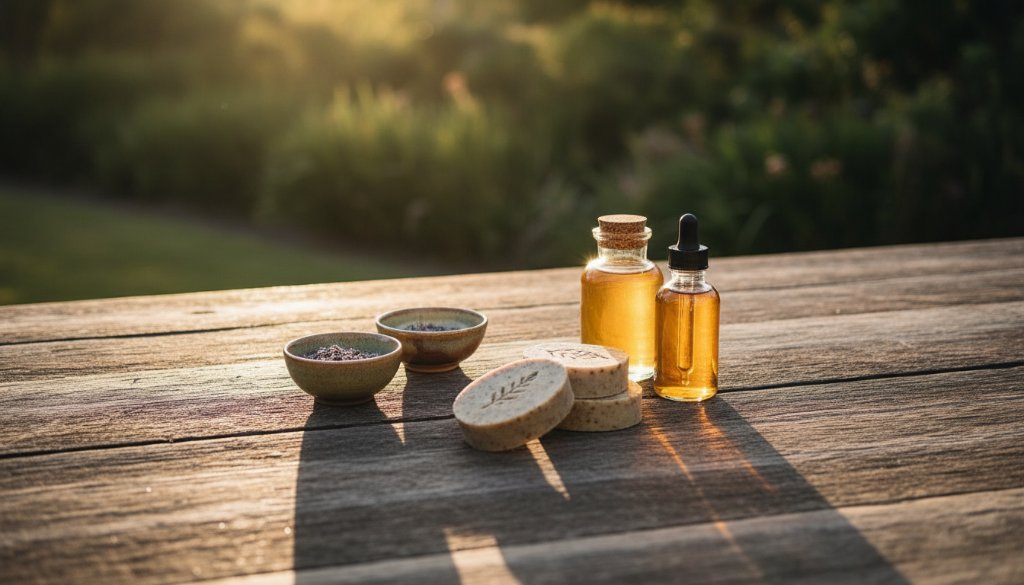 An epic moment of a beautifully styled collection of artisan products, dramatically lit against a backdrop hinting at Ferntree Gully's lush environment, showcasing expert Ferntree Gully product photography for small businesses with sharp detail and vibrant colours.