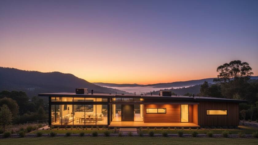 A wide, dramatic shot capturing the sleek, modern architecture of a Ferntree Gully home at twilight, illuminated by warm interior lights, showcasing premium Ferntree Gully real estate photography for modern homes, with a stunning Dandenong Ranges backdrop.