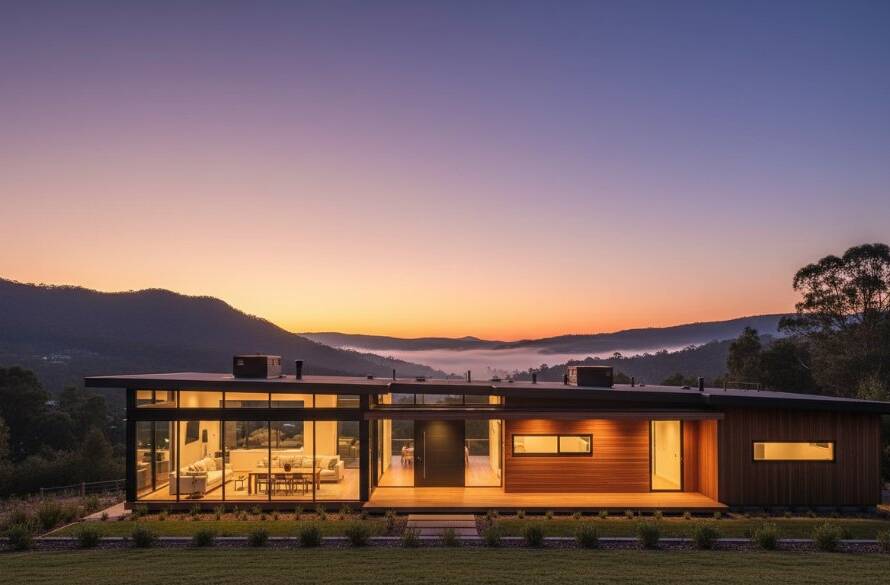 A wide, dramatic shot capturing the sleek, modern architecture of a Ferntree Gully home at twilight, illuminated by warm interior lights, showcasing premium Ferntree Gully real estate photography for modern homes, with a stunning Dandenong Ranges backdrop.