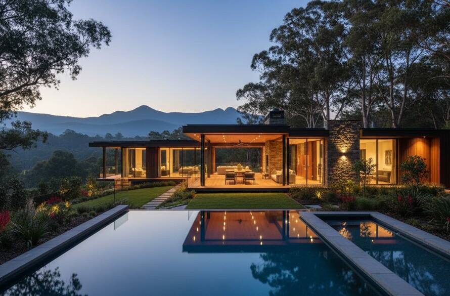 An epic moment captured in Ferntree Gully real estate photography for premium property listings, showcasing a luxury home's grand entrance at twilight with dramatic uplighting, manicured gardens, and a stunning Dandenong Ranges backdrop, evoking prestige and desire.