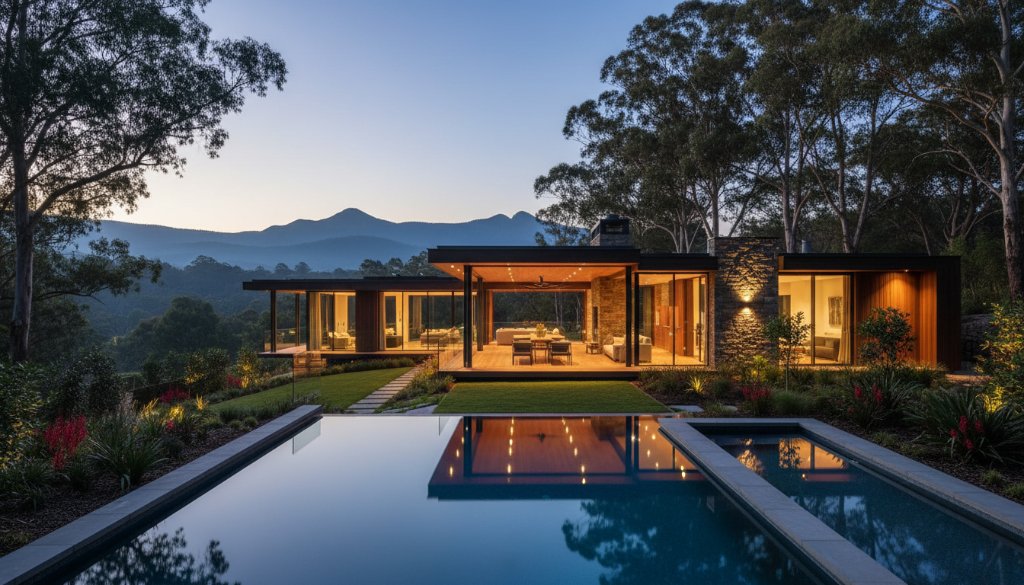 An epic moment captured in Ferntree Gully real estate photography for premium property listings, showcasing a luxury home's grand entrance at twilight with dramatic uplighting, manicured gardens, and a stunning Dandenong Ranges backdrop, evoking prestige and desire.