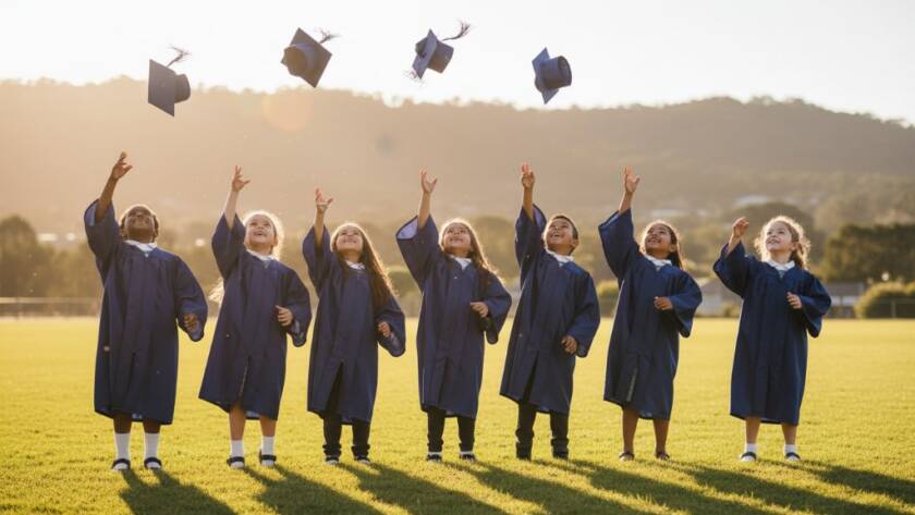 An epic moment of joyful students celebrating their graduation on a sunny oval in Ferntree Gully, captured by professional Ferntree Gully school photography capturing authentic student milestones, with dramatic lens flare and vibrant colours.
