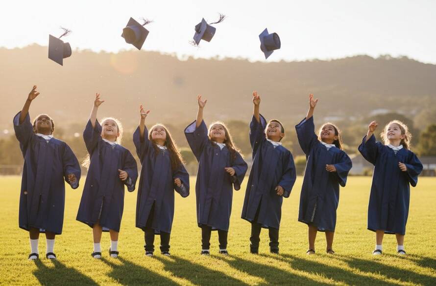 An epic moment of joyful students celebrating their graduation on a sunny oval in Ferntree Gully, captured by professional Ferntree Gully school photography capturing authentic student milestones, with dramatic lens flare and vibrant colours.