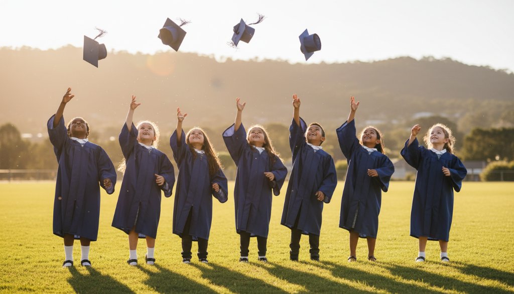 An epic moment of joyful students celebrating their graduation on a sunny oval in Ferntree Gully, captured by professional Ferntree Gully school photography capturing authentic student milestones, with dramatic lens flare and vibrant colours.
