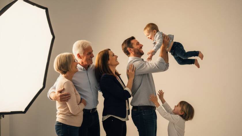 A joyful Ferntree Gully studio photography vibrant family portrait, showing parents laughing as their toddler reaches for a colourful balloon in a professionally lit, modern studio setting, capturing an epic moment of connection.